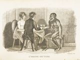 trois hommes assis à une table, en train de discuter entre eux