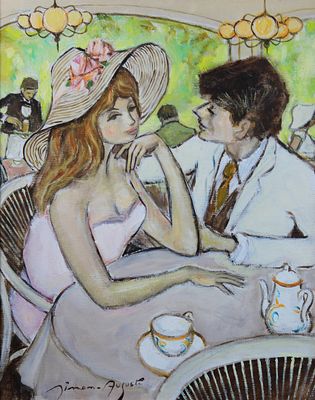 a painting of a man and a woman sitting at a table