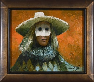 an oil painting of a woman wearing a mask and a hat