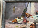 a painting of a group of chickens in a courtyard