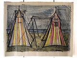 a drawing of a circus tent on display on the wall