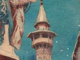a picture of a painting of a man and a clock tower