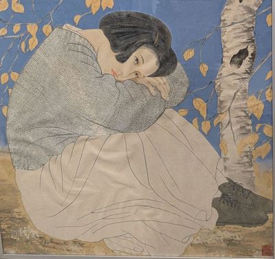 tableau représentant une femme appuyée contre un arbre, la tête posée sur ses mains