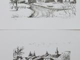 two black and white drawings of a farm in the snow