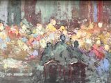 a painting of a group of people sitting in a room