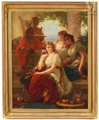 a painting of a group of women sitting on a porch