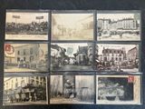 several old black and white photographs of people and vehicles on a table