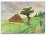 a painting of a woman walking down a path in a field