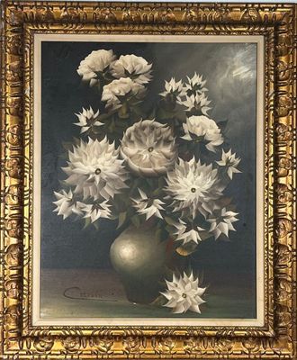 une peinture de fleurs dans un vase sur une table