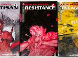 trois livres posés sur une surface blanche, avec l'image d'un homme tenant un pistolet