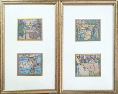 two framed pictures of a couple of people sitting on a bench