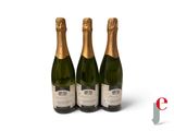 three bottles of champagne sitting next to each other on a white surface