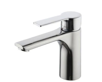 a close up of a chrome faucet on a white background