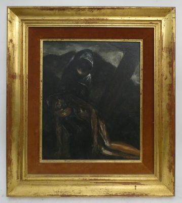 l'image d'un tableau représentant un homme avec un chien en laisse