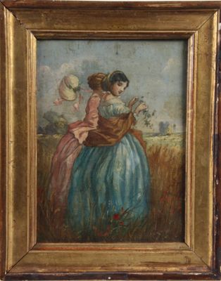 painting of two women in a field with a basket of flowers
