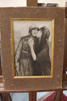 an old picture of a man and a woman kissing in front of a mirror