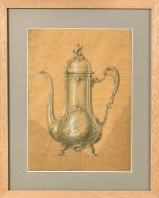 painting of a silver teapot with a bird on top of it