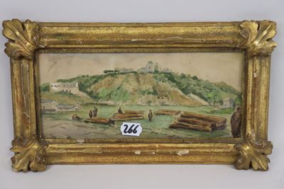an old picture of a painting of a landscape with a mountain in the background