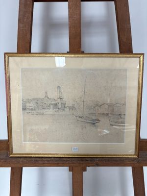 dessin représentant un bateau sur un plan d'eau, posé sur un chevalet en bois