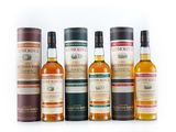 six different types of whiskys lined up on a white surface