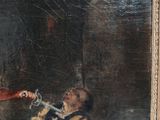 a painting of a man in a red coat holding a knife