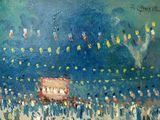 an oil painting of a crowd of people standing in front of a stage