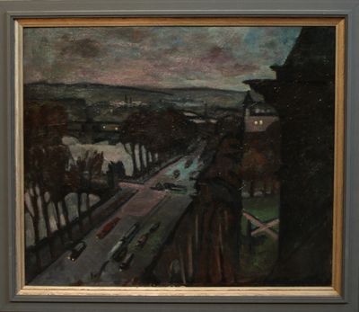 tableau représentant une vue de ville avec un pont au premier plan
