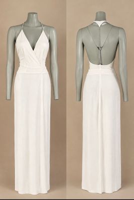 two pictures of a woman in a white dress and a mannequin