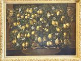 a painting of a bunch of lemons in a vase