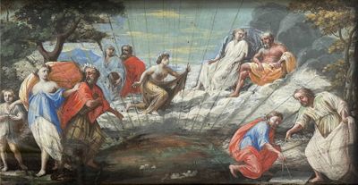 tableau représentant un groupe de personnes dans un environnement boisé