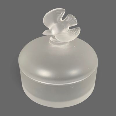 une boîte en verre transparent surmontée d'un oiseau