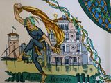 a drawing of a woman holding a kite in her hand