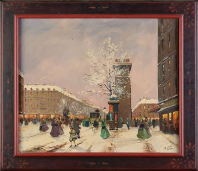 painting of a street scene with a clock tower in the background