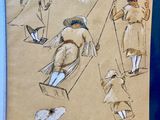 sketches of a woman in a dress and hat on a swing