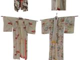 Plusieurs types de kimonos japonais sont présentés sur un fond blanc.