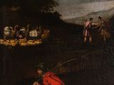 an image of a painting of a man in a red coat with sheep