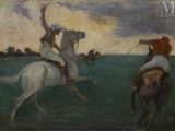 un tableau représentant deux personnes à cheval dans un champ