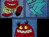 quatre tapis illustrés représentant des monstres sur fond noir