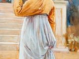 painting of a woman in a long dress blowing a cigarette