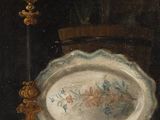 painting of a plate with flowers on it sitting on a table next to a candle