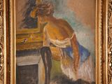 a painting of a woman sitting at a piano