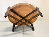 a wooden table with a metal frame on top of it