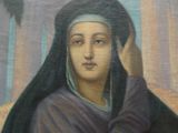 tableau représentant une femme voilée et un homme devant un bâtiment
