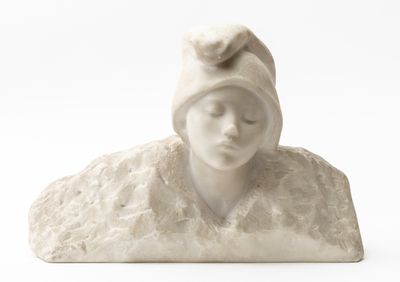a white statue of a woman with a hat on her head