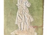 un vieux livre sur lequel figure le dessin d'un soldat tenant un fusil