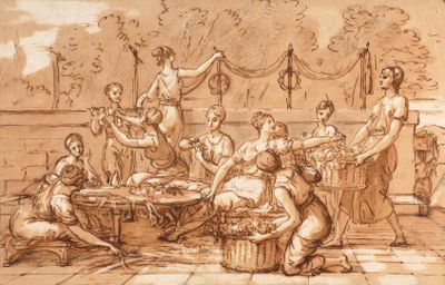 an image of a drawing of a group of people gathered around a table