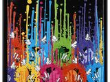 a painting of colorful paint splatters on a black background