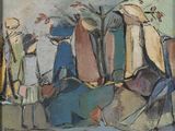 une peinture représentant un groupe de personnes assises sur un banc