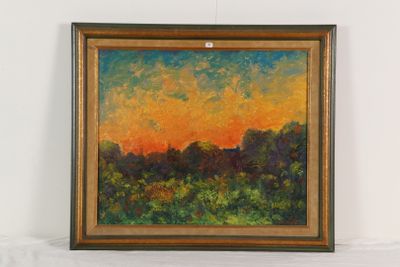 une peinture à l'huile représentant un coucher de soleil sur un champ bordé d'arbres