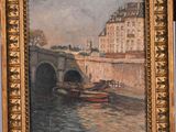 painting of a bridge over a body of water with a boat in it
